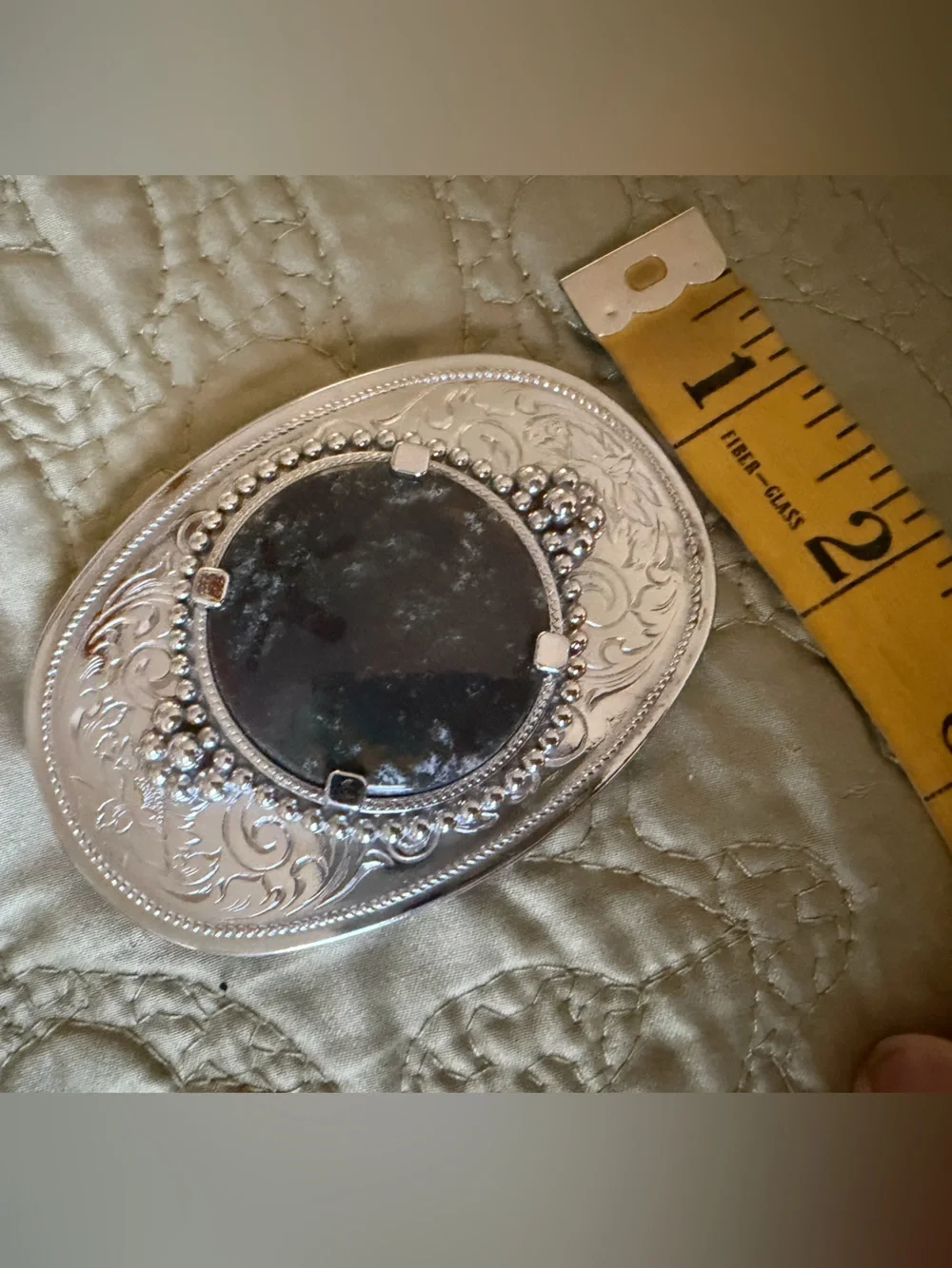 Silvertone Western Belt Buckle w Black Stone Accent Boho Cowboy Southwest Chic